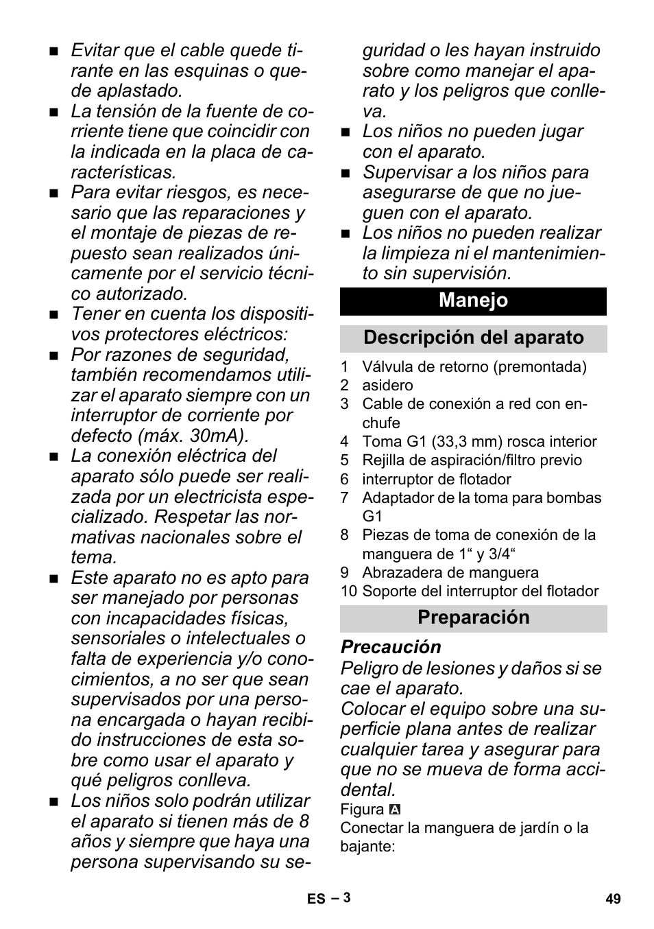 Manejo, Descripción del aparato, Preparación | Karcher BP 2 Cistern User Manual | Page 49 / 82