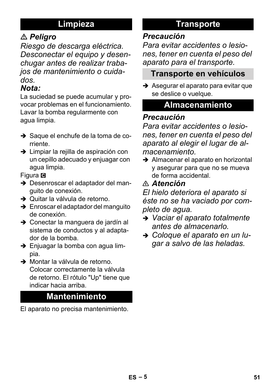 Limpieza, Mantenimiento, Transporte | Transporte en vehículos, Almacenamiento, Limpieza mantenimiento transporte | Karcher BP 2 Cistern User Manual | Page 51 / 82