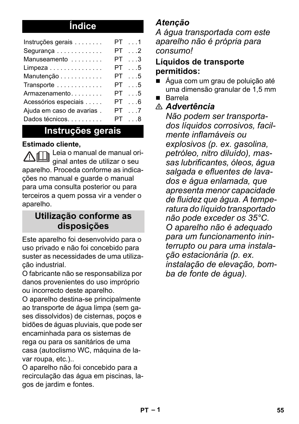 Português, Índice, Instruções gerais | Utilização conforme as disposições, Líquidos de transporte permitidos | Karcher BP 2 Cistern User Manual | Page 55 / 82