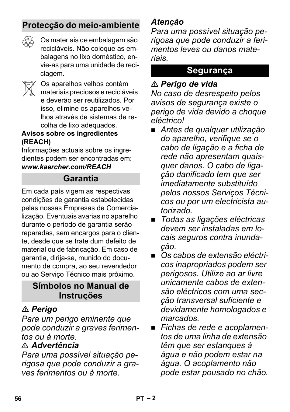 Protecção do meio-ambiente, Garantia, Símbolos no manual de instruções | Segurança | Karcher BP 2 Cistern User Manual | Page 56 / 82