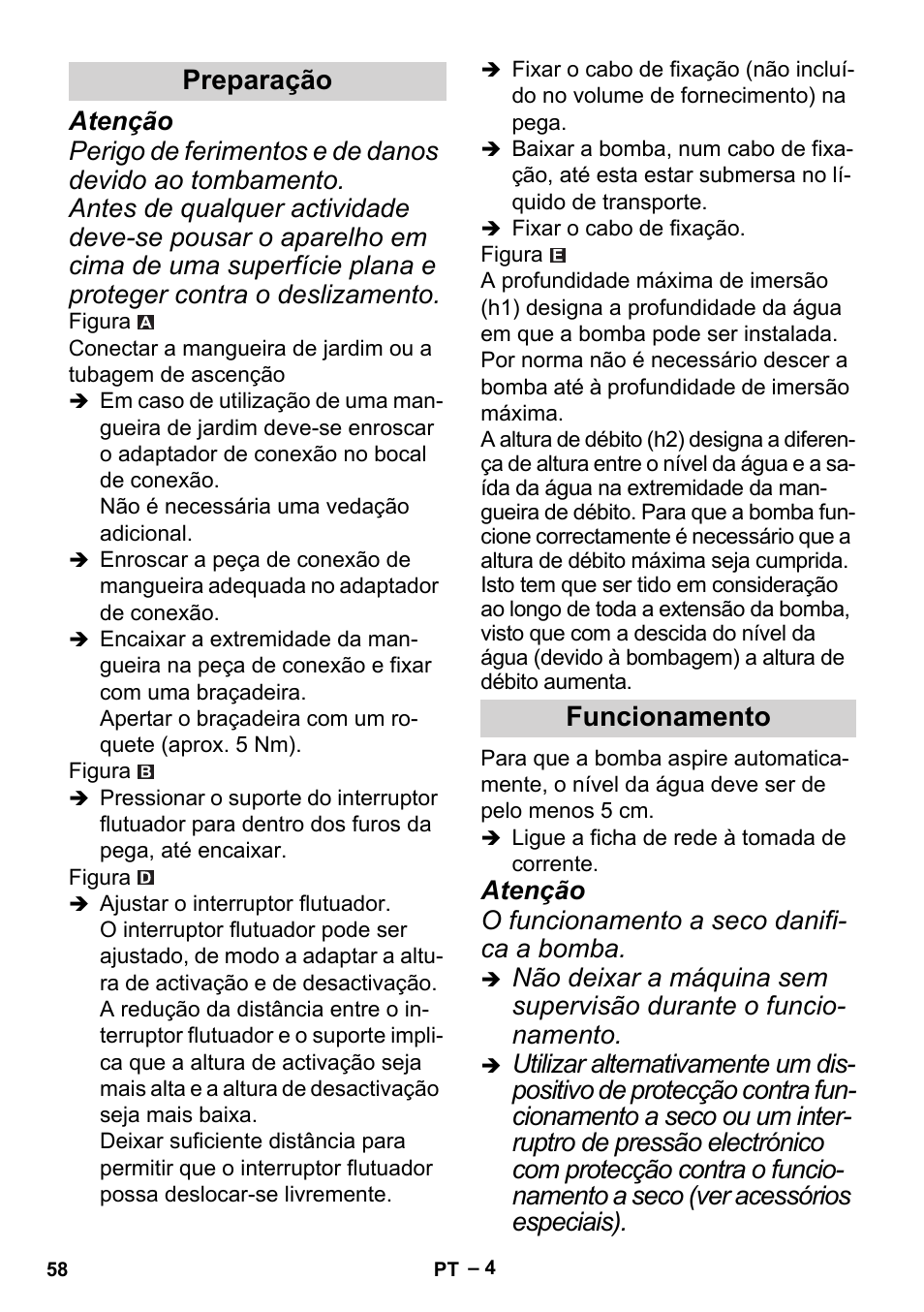 Preparação, Funcionamento, Preparação funcionamento | Atenção o funcionamento a seco danifi- ca a bomba | Karcher BP 2 Cistern User Manual | Page 58 / 82