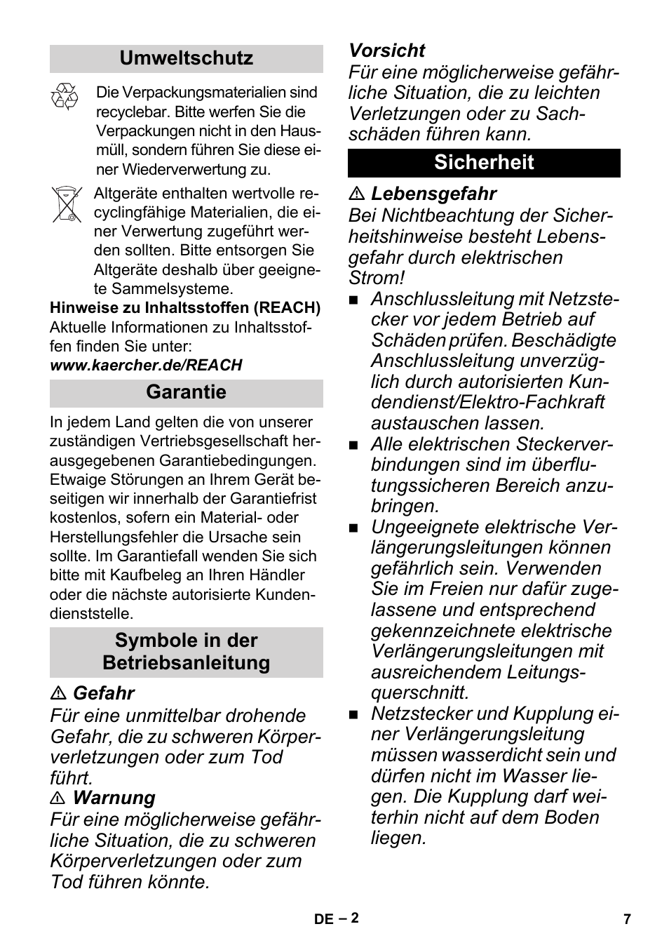 Umweltschutz, Garantie, Symbole in der betriebsanleitung | Sicherheit | Karcher BP 2 Cistern User Manual | Page 7 / 82
