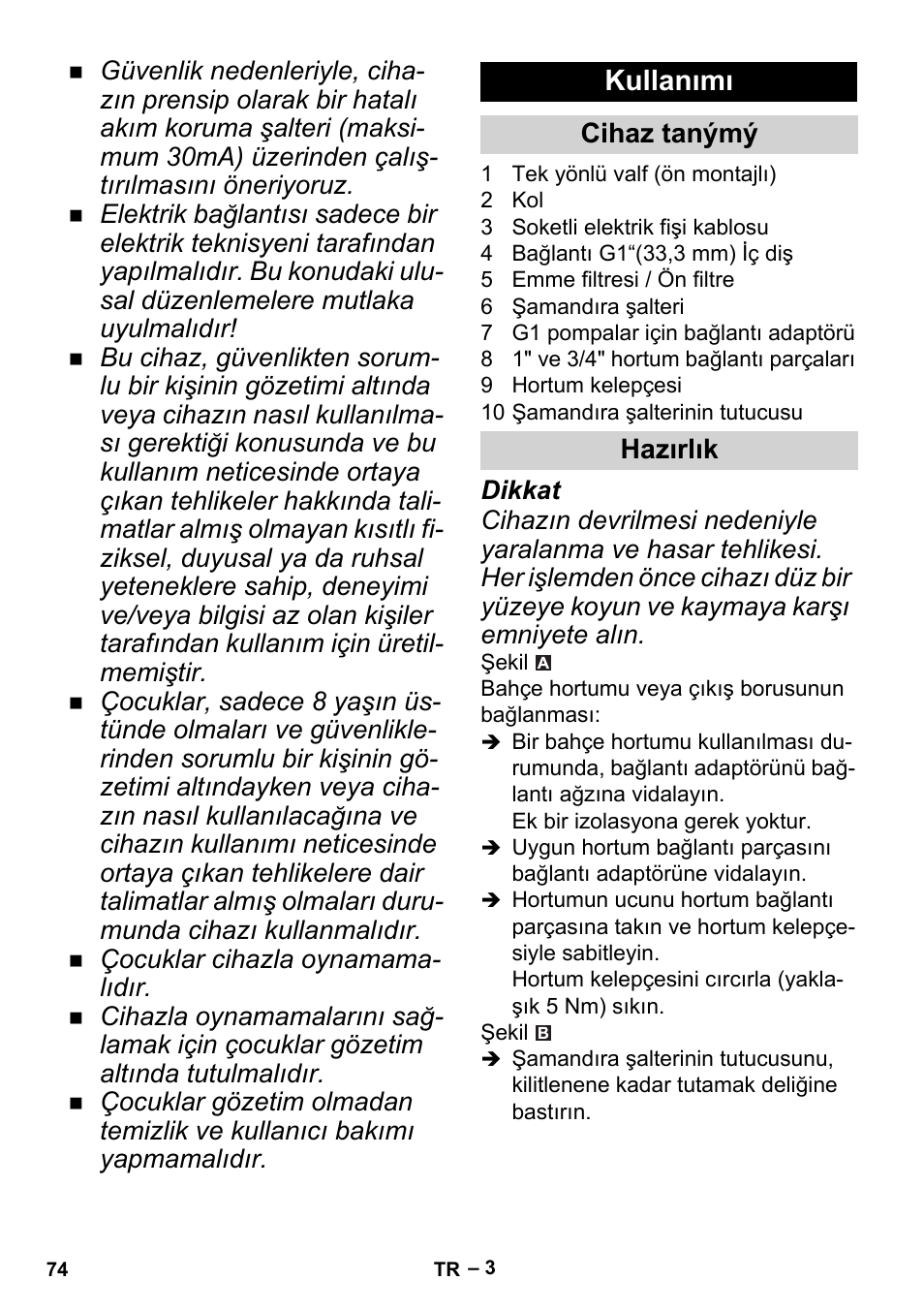 Kullanımı, Cihaz tanýmý, Hazırlık | Karcher BP 2 Cistern User Manual | Page 74 / 82