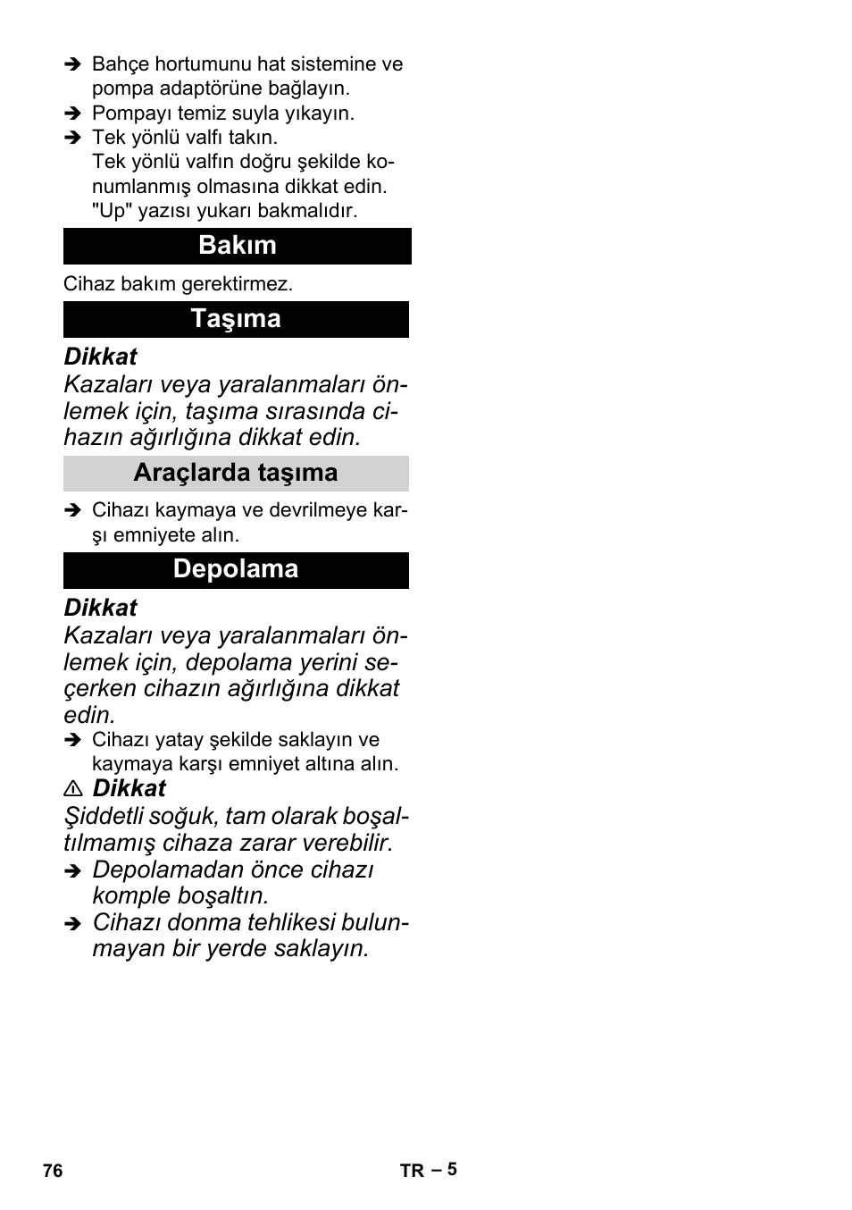 Bakım, Taşıma, Araçlarda taşıma | Depolama, Bakım taşıma | Karcher BP 2 Cistern User Manual | Page 76 / 82