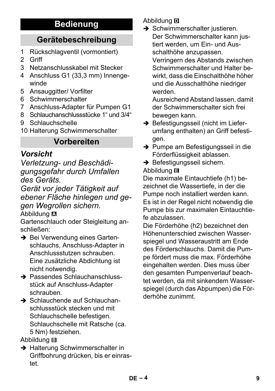 Bedienung, Gerätebeschreibung, Vorbereiten | Gerätebeschreibung vorbereiten | Karcher BP 2 Cistern User Manual | Page 9 / 82