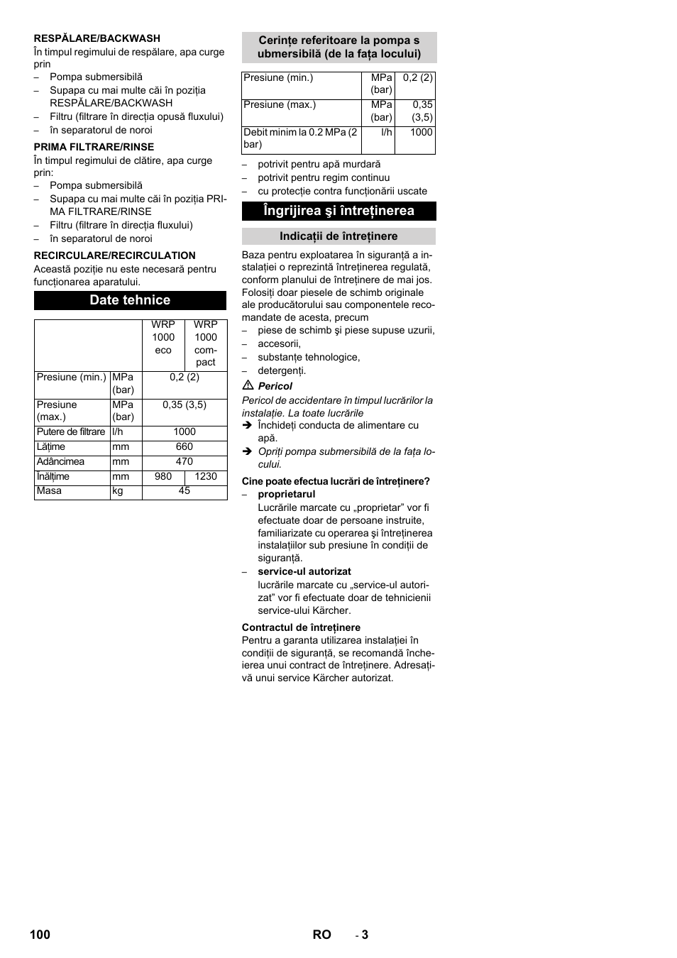 Date tehnice, Îngrijirea şi întreţinerea | Karcher WRP 1000 ECO User Manual | Page 100 / 148