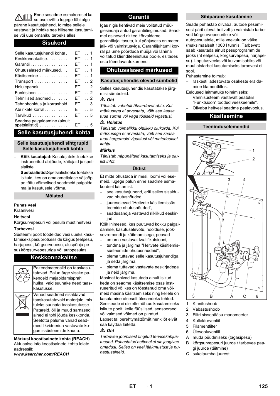 Eesti, Sisukord, Selle kasutusjuhendi kohta | Keskkonnakaitse, Garantii ohutusalased märkused, Käsitsemine | Karcher WRP 1000 ECO User Manual | Page 125 / 148