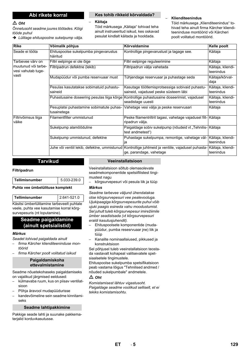 Abi rikete korral, Tarvikud, Seadme paigaldamine (ainult spetsialistid) | Karcher WRP 1000 ECO User Manual | Page 129 / 148