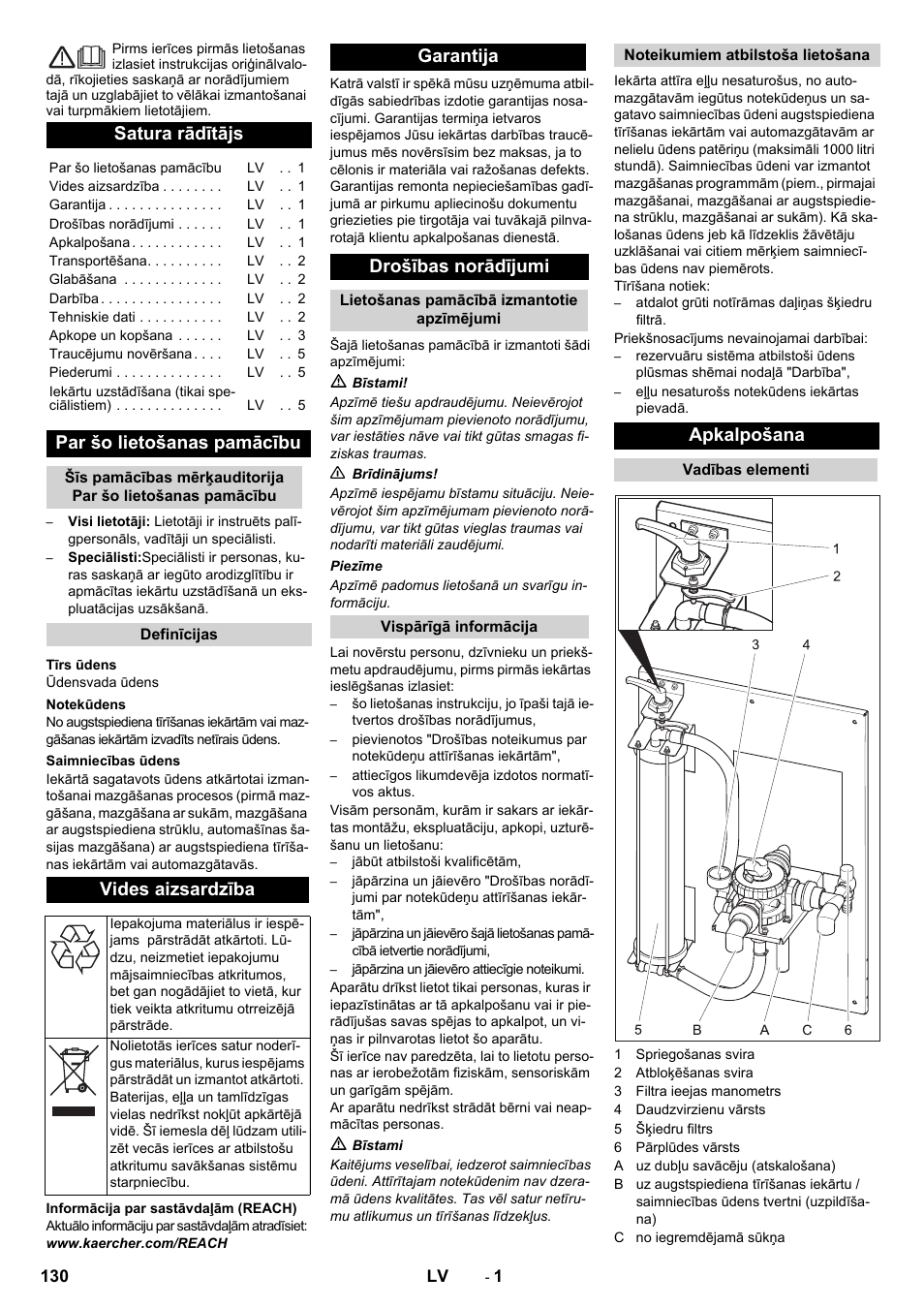 Latviešu, Satura rādītājs, Par šo lietošanas pamācību | Vides aizsardzība, Garantija drošības norādījumi, Apkalpošana | Karcher WRP 1000 ECO User Manual | Page 130 / 148