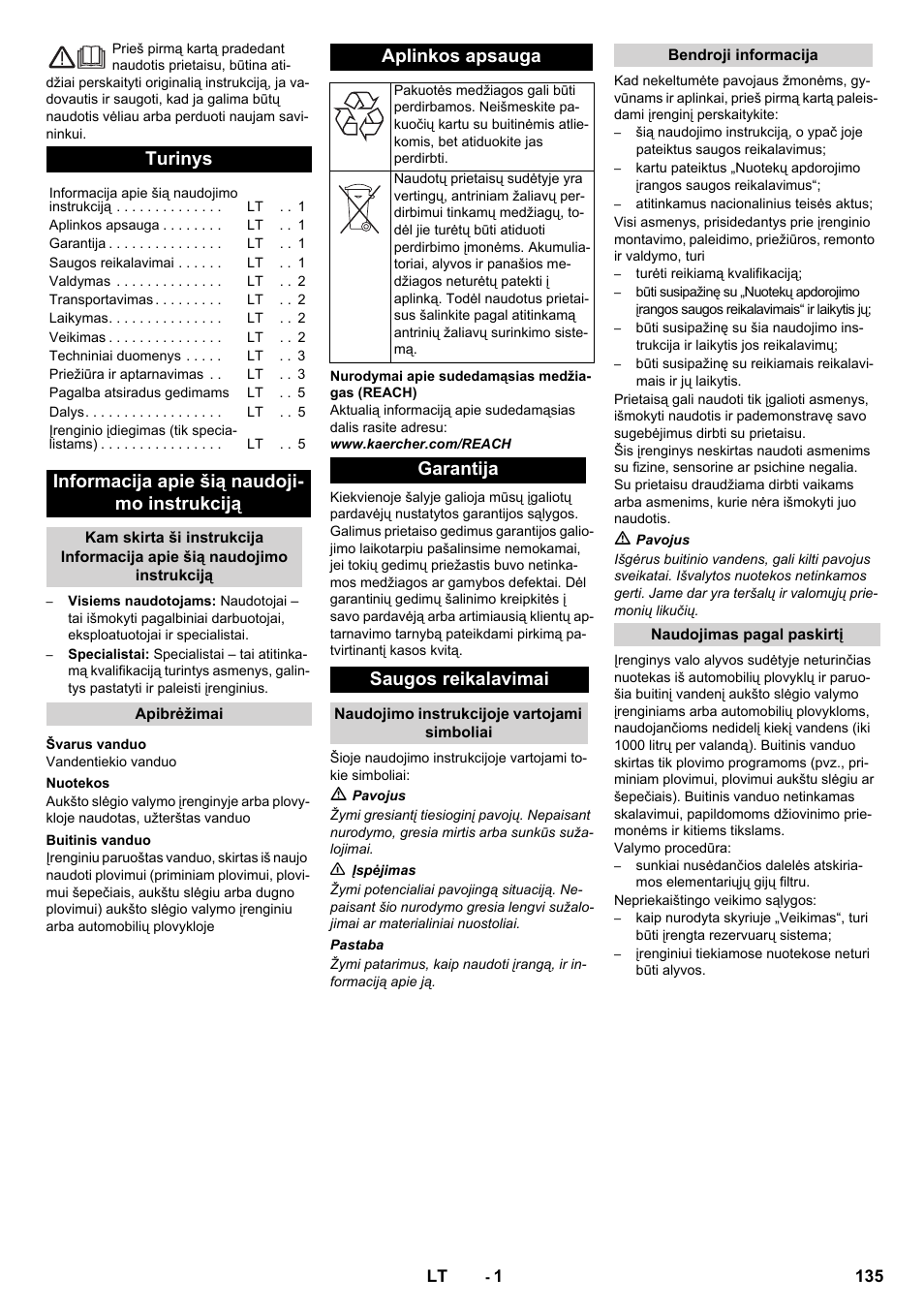 Lietuviškai, Turinys, Informacija apie šią naudoji- mo instrukciją | Aplinkos apsauga, Garantija saugos reikalavimai | Karcher WRP 1000 ECO User Manual | Page 135 / 148