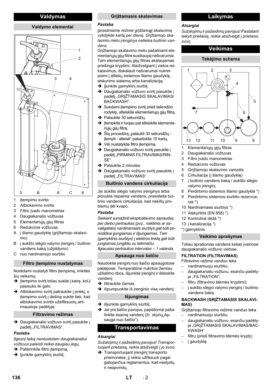 Valdymas, Transportavimas laikymas veikimas | Karcher WRP 1000 ECO User Manual | Page 136 / 148