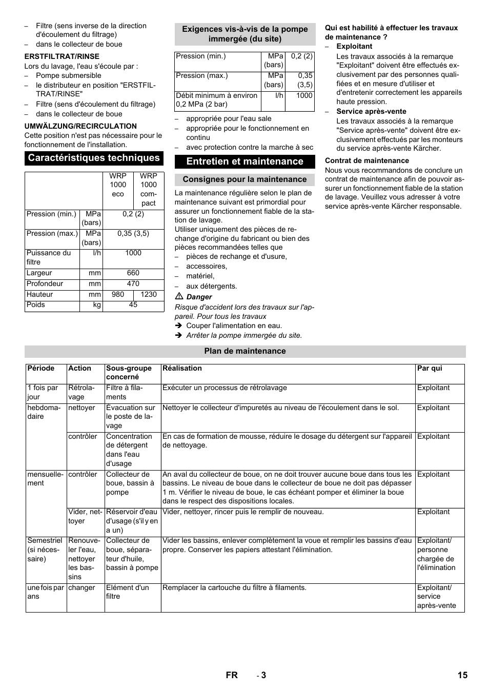 Caractéristiques techniques, Entretien et maintenance | Karcher WRP 1000 ECO User Manual | Page 15 / 148