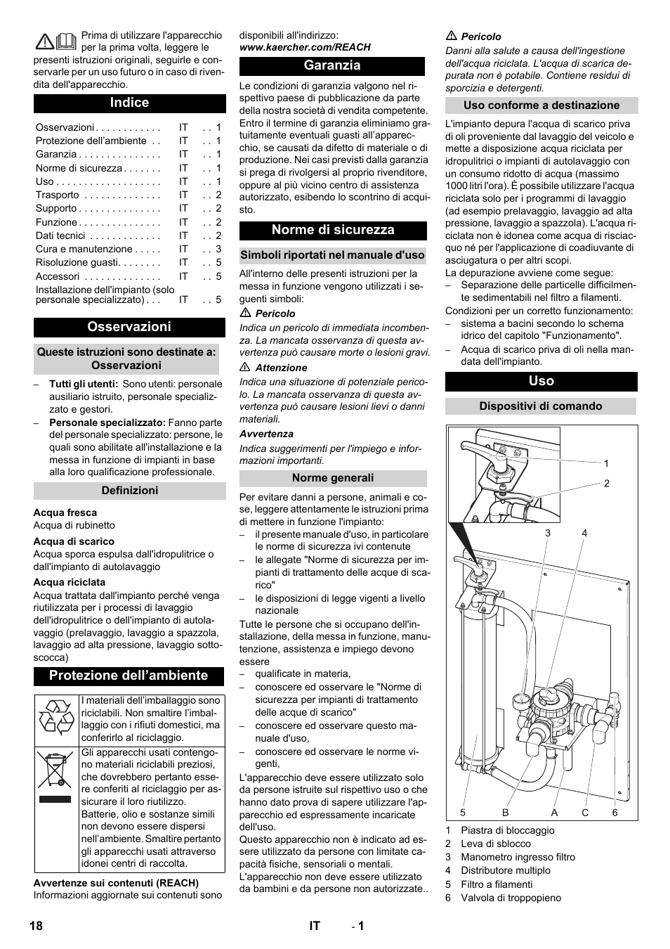 Italiano, Indice, Osservazioni | Protezione dell’ambiente, Garanzia norme di sicurezza | Karcher WRP 1000 ECO User Manual | Page 18 / 148