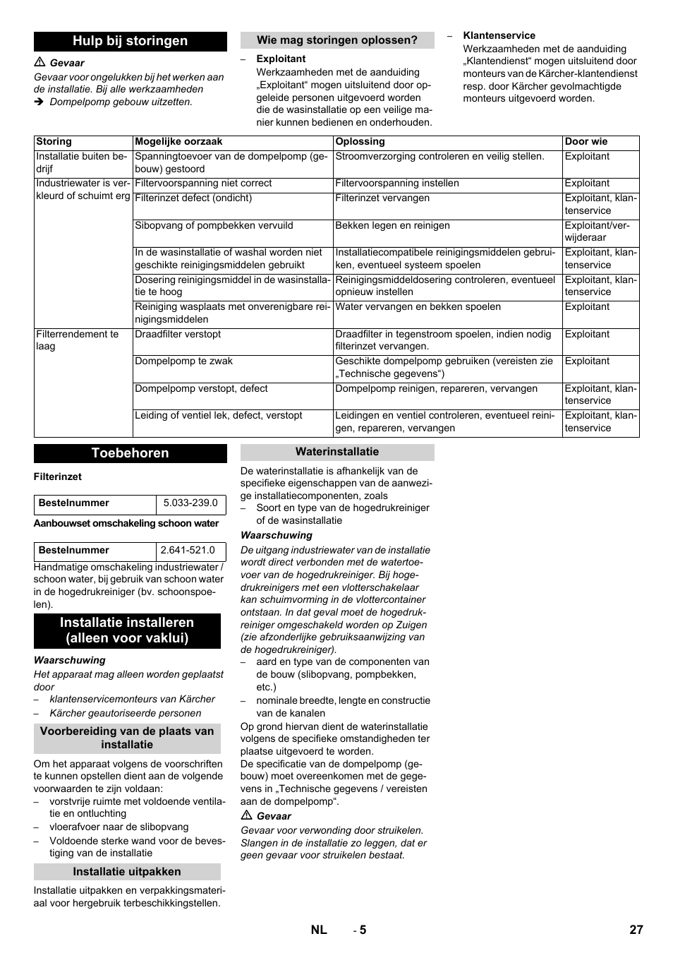 Hulp bij storingen, Toebehoren, Installatie installeren (alleen voor vaklui) | Karcher WRP 1000 ECO User Manual | Page 27 / 148