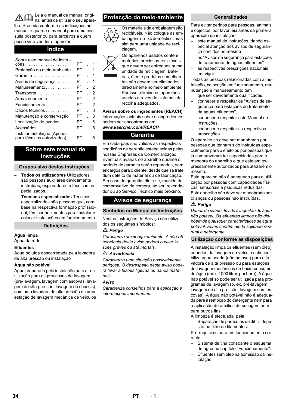 Português, Índice, Sobre este manual de instruções | Protecção do meio-ambiente, Garantia avisos de segurança | Karcher WRP 1000 ECO User Manual | Page 34 / 148