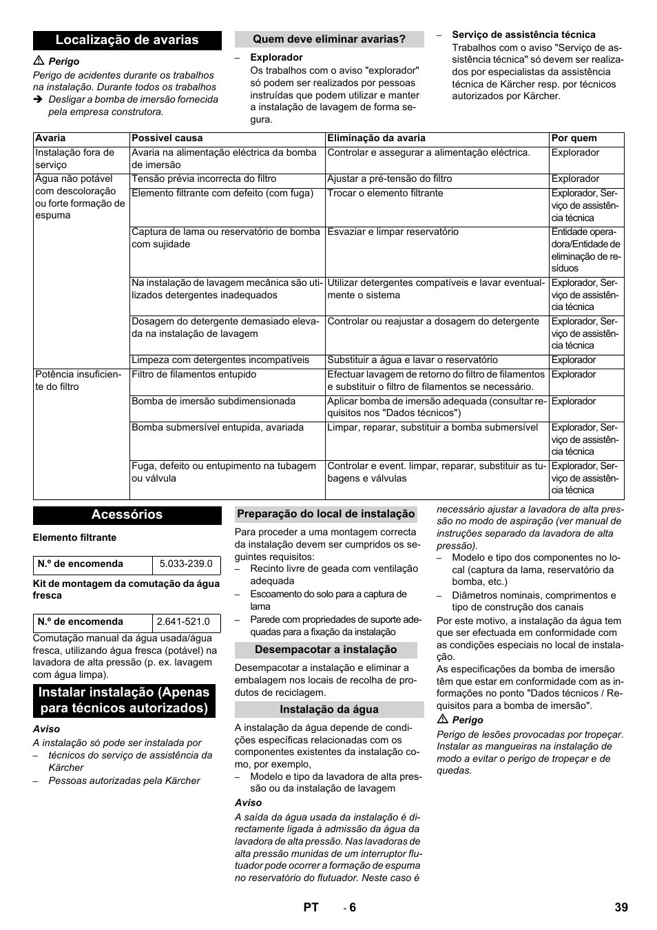 Localização de avarias, Acessórios | Karcher WRP 1000 ECO User Manual | Page 39 / 148