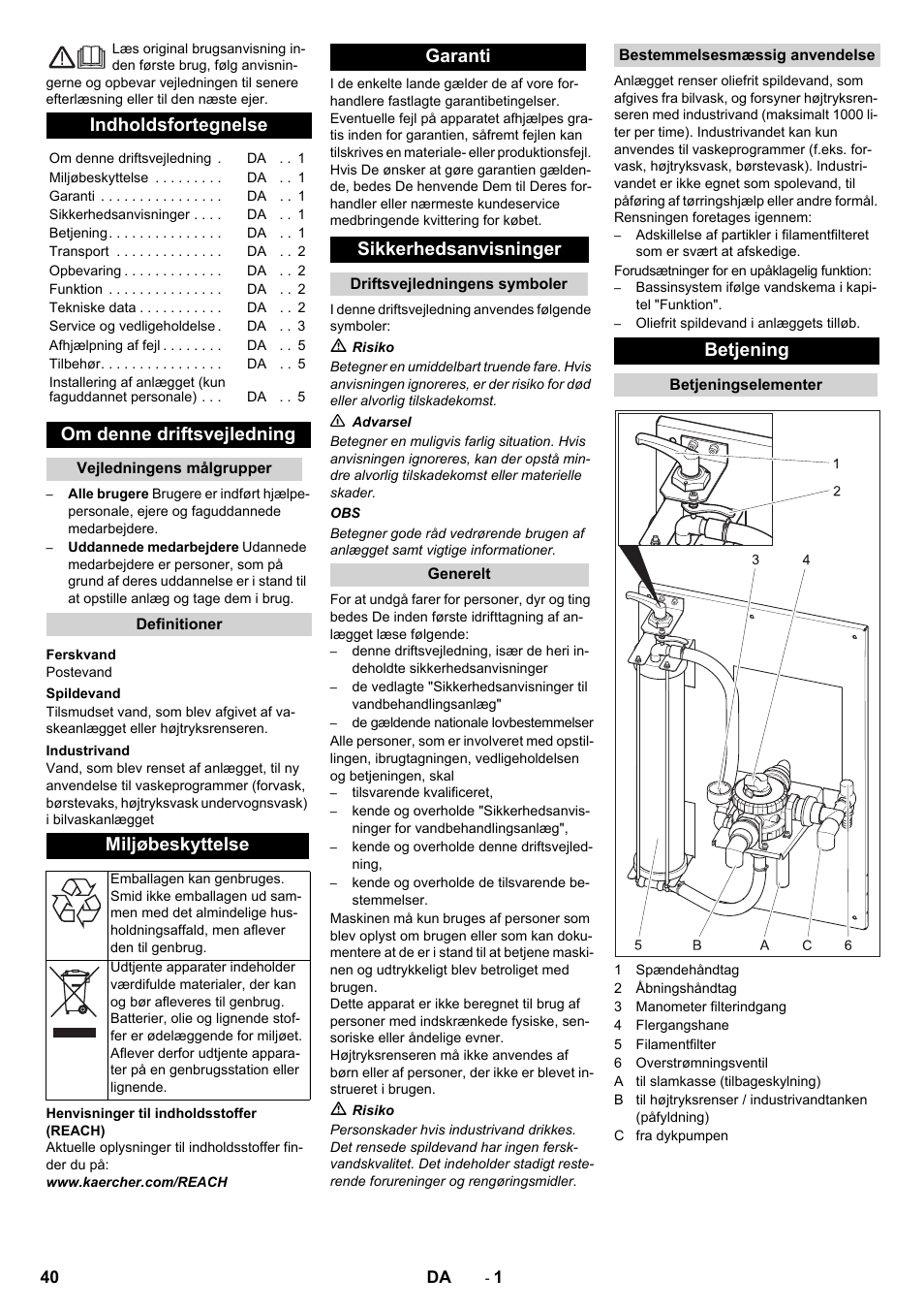 Dansk, Indholdsfortegnelse, Om denne driftsvejledning | Miljøbeskyttelse, Garanti sikkerhedsanvisninger, Betjening | Karcher WRP 1000 ECO User Manual | Page 40 / 148