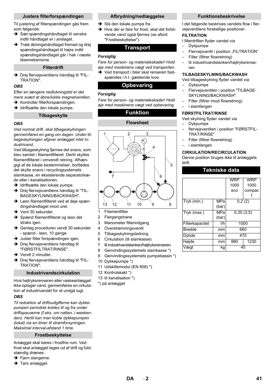 Transport opbevaring funktion, Tekniske data | Karcher WRP 1000 ECO User Manual | Page 41 / 148