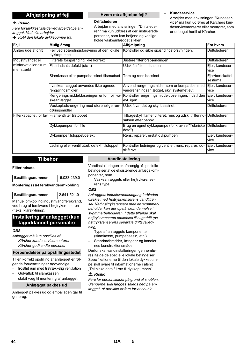 Afhjælpning af fejl, Tilbehør | Karcher WRP 1000 ECO User Manual | Page 44 / 148