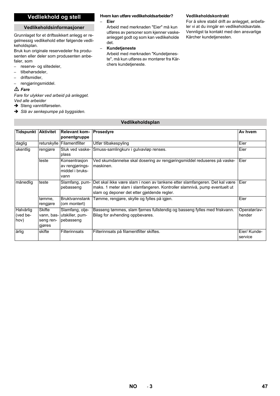 Vedliekhold og stell | Karcher WRP 1000 ECO User Manual | Page 47 / 148