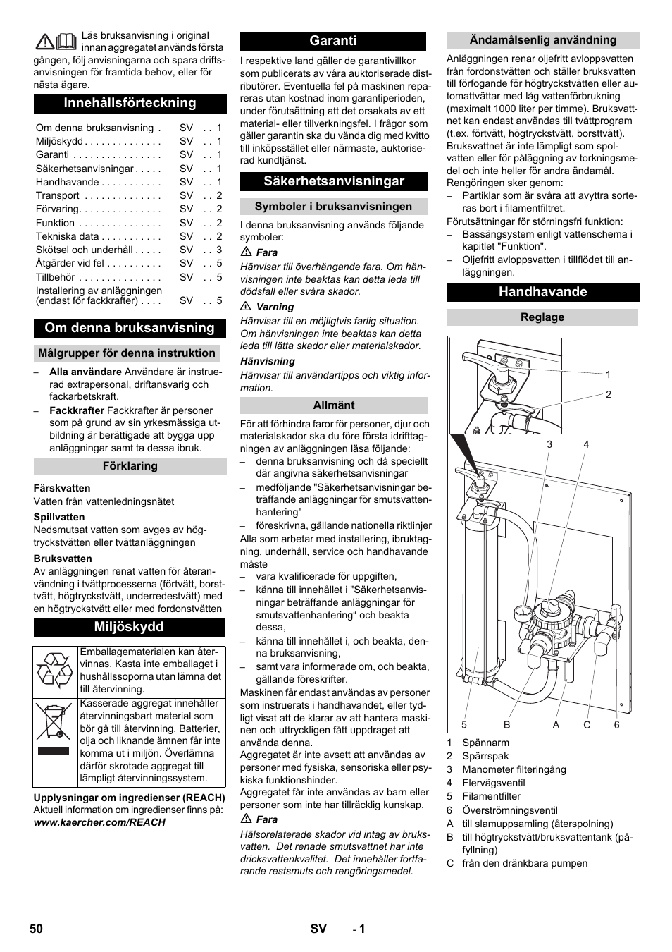 Svenska, Innehållsförteckning, Om denna bruksanvisning | Miljöskydd, Garanti säkerhetsanvisningar, Handhavande | Karcher WRP 1000 ECO User Manual | Page 50 / 148