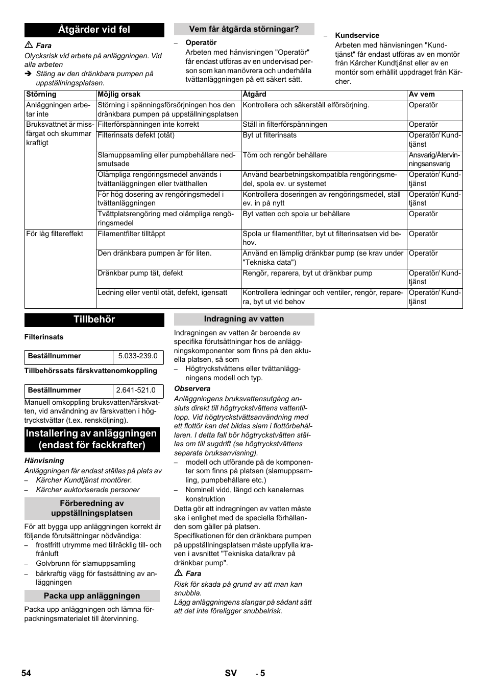 Åtgärder vid fel, Tillbehör | Karcher WRP 1000 ECO User Manual | Page 54 / 148