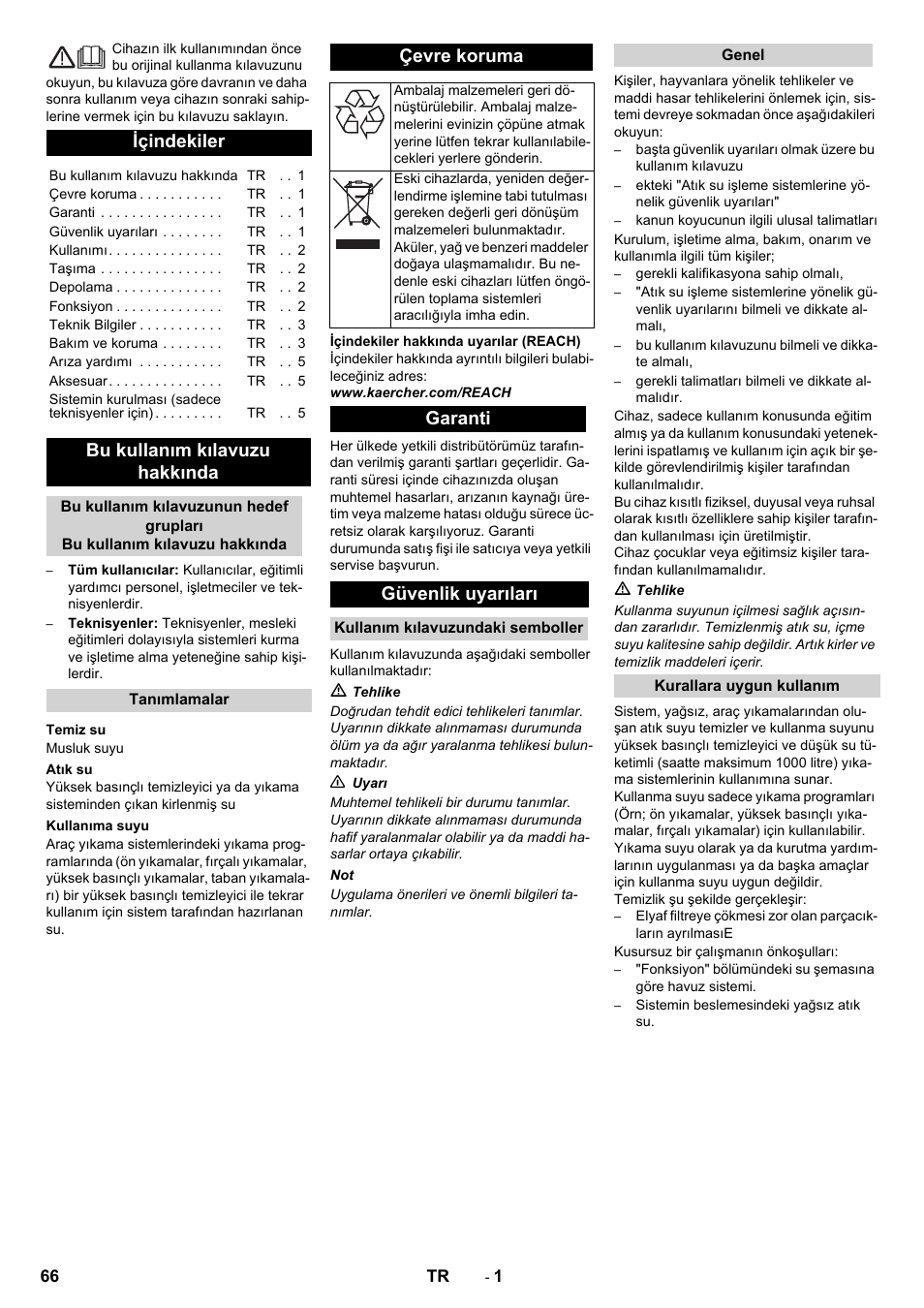 Türkçe, Içindekiler, Bu kullanım kılavuzu hakkında | Çevre koruma, Garanti güvenlik uyarıları | Karcher WRP 1000 ECO User Manual | Page 66 / 148