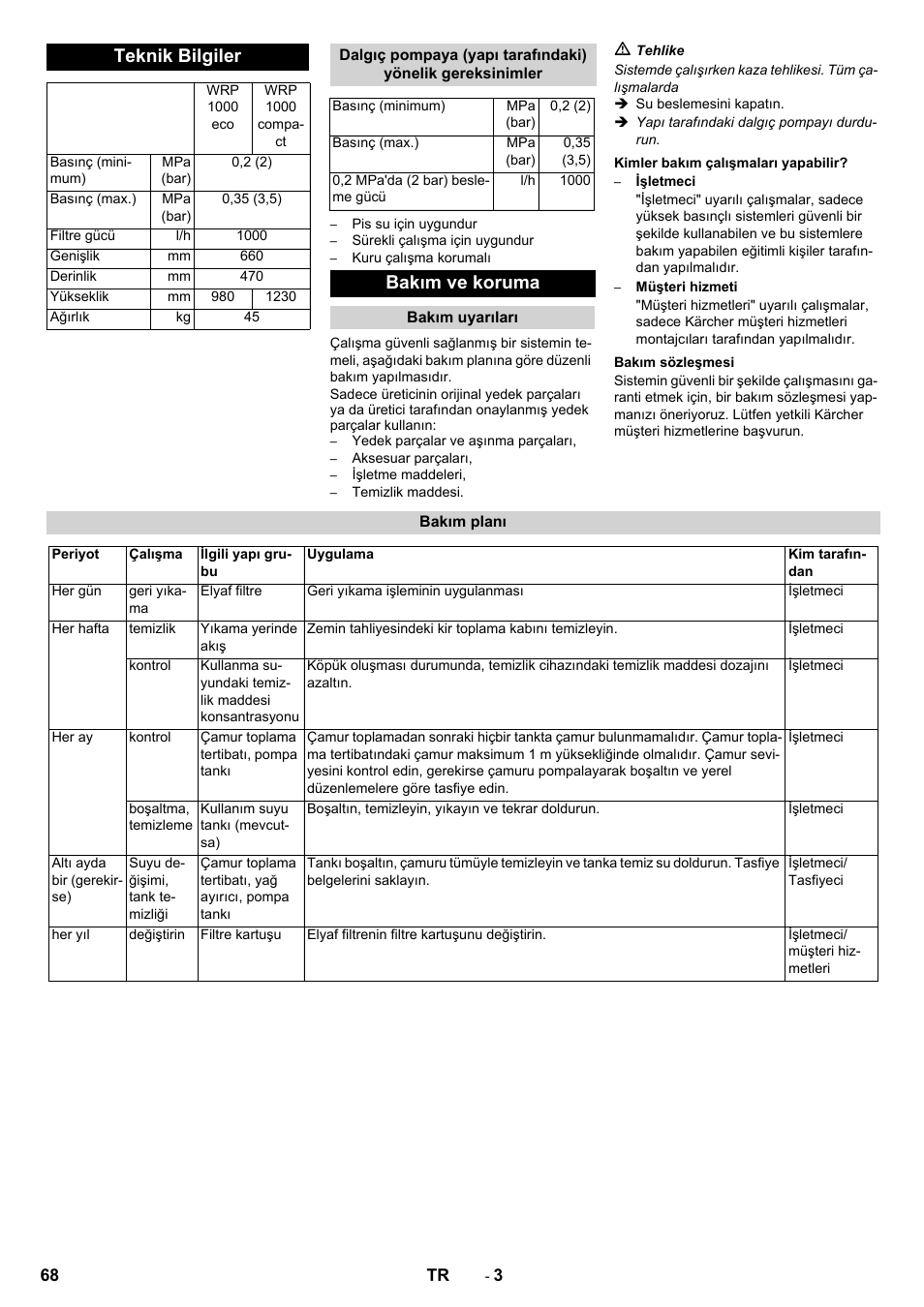 Teknik bilgiler, Bakım ve koruma | Karcher WRP 1000 ECO User Manual | Page 68 / 148