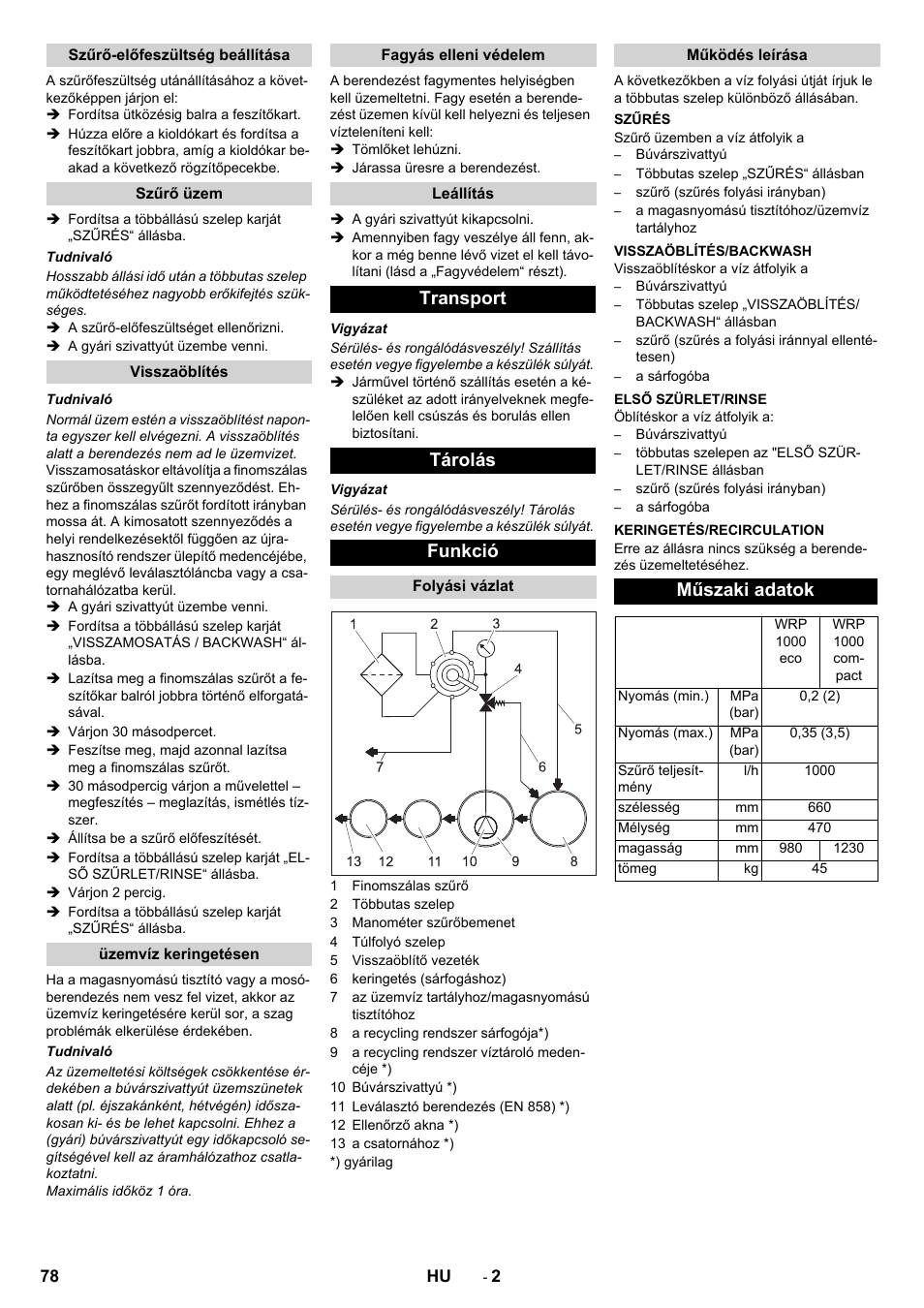 Transport tárolás funkció, Műszaki adatok | Karcher WRP 1000 ECO User Manual | Page 78 / 148