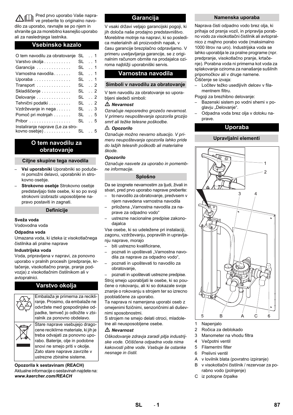 Slovenščina, Slovenšina, Vsebinsko kazalo | O tem navodilu za obratovanje, Varstvo okolja, Garancija varnostna navodila, Uporaba | Karcher WRP 1000 ECO User Manual | Page 87 / 148