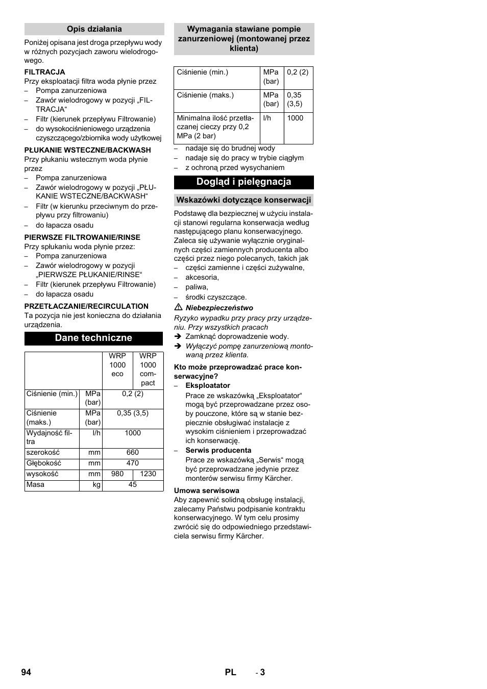 Dane techniczne, Dogląd i pielęgnacja | Karcher WRP 1000 ECO User Manual | Page 94 / 148