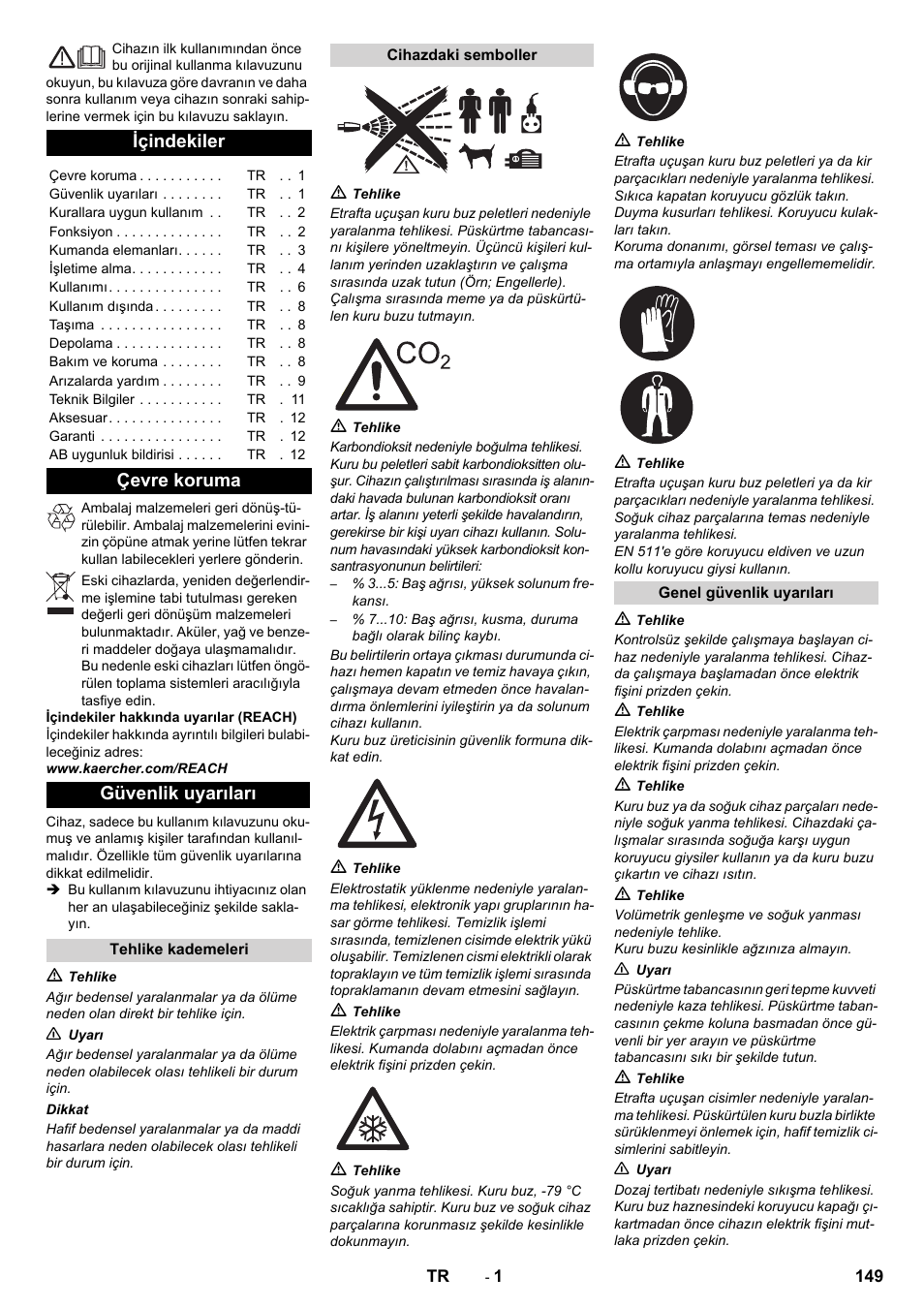 Türkçe, Içindekiler, Çevre koruma güvenlik uyarıları | Karcher IB 15-120 User Manual | Page 149 / 334