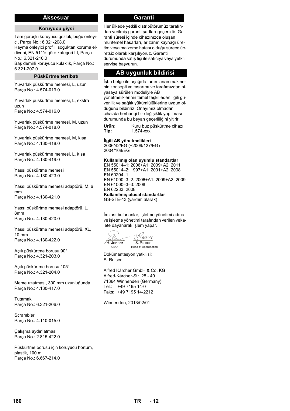 Aksesuar, Garanti ab uygunluk bildirisi | Karcher IB 15-120 User Manual | Page 160 / 334