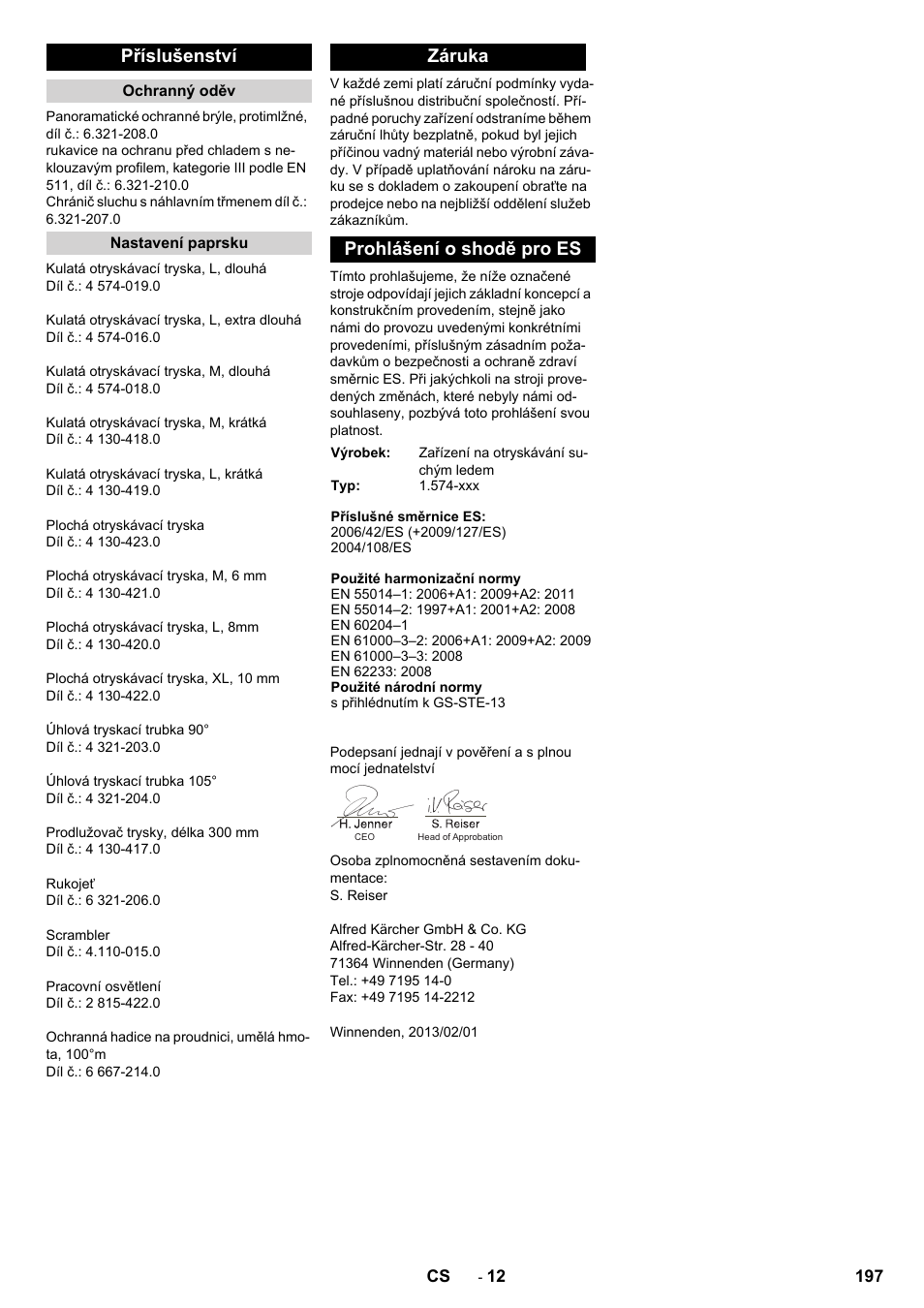 Příslušenství, Záruka prohlášení o shodě pro es | Karcher IB 15-120 User Manual | Page 197 / 334