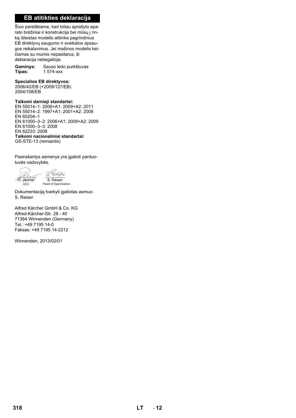 Eb atitikties deklaracija | Karcher IB 15-120 User Manual | Page 318 / 334