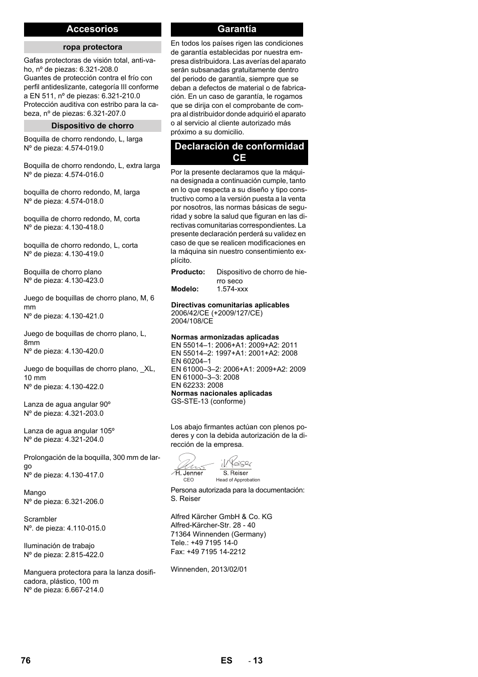 Accesorios, Garantía declaración de conformidad ce | Karcher IB 15-120 User Manual | Page 76 / 334