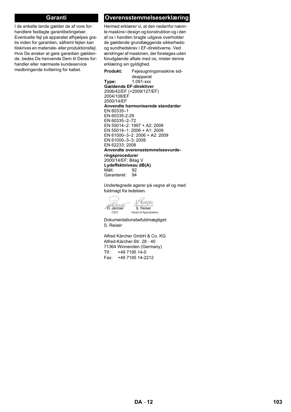 Garanti overensstemmelseserklæring | Karcher KMR 1250 BAT User Manual | Page 103 / 196
