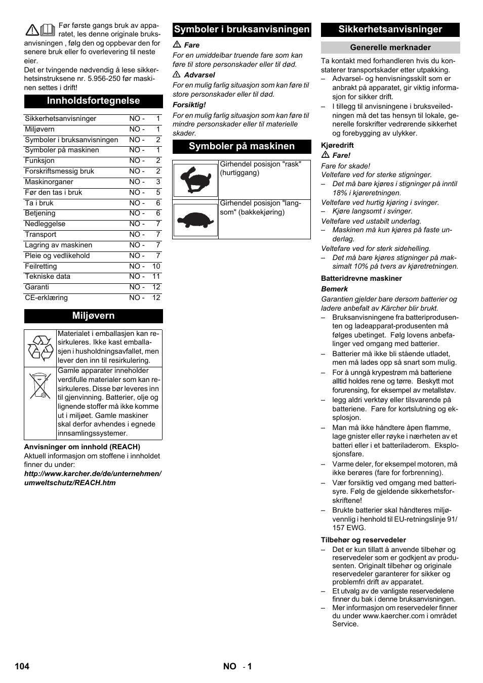 Innholdsfortegnelse, Miljøvern, Symboler i bruksanvisningen symboler på maskinen | Sikkerhetsanvisninger | Karcher KMR 1250 BAT User Manual | Page 104 / 196