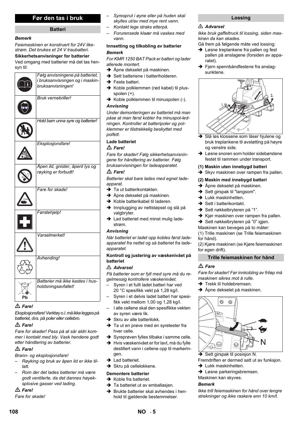 Før den tas i bruk | Karcher KMR 1250 BAT User Manual | Page 108 / 196