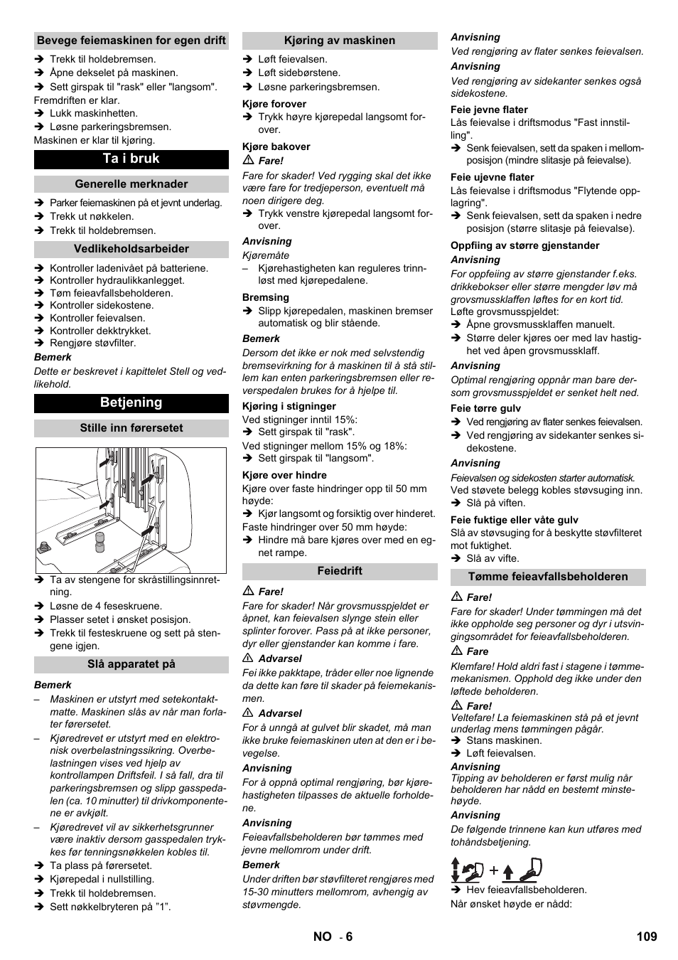 Ta i bruk, Betjening | Karcher KMR 1250 BAT User Manual | Page 109 / 196