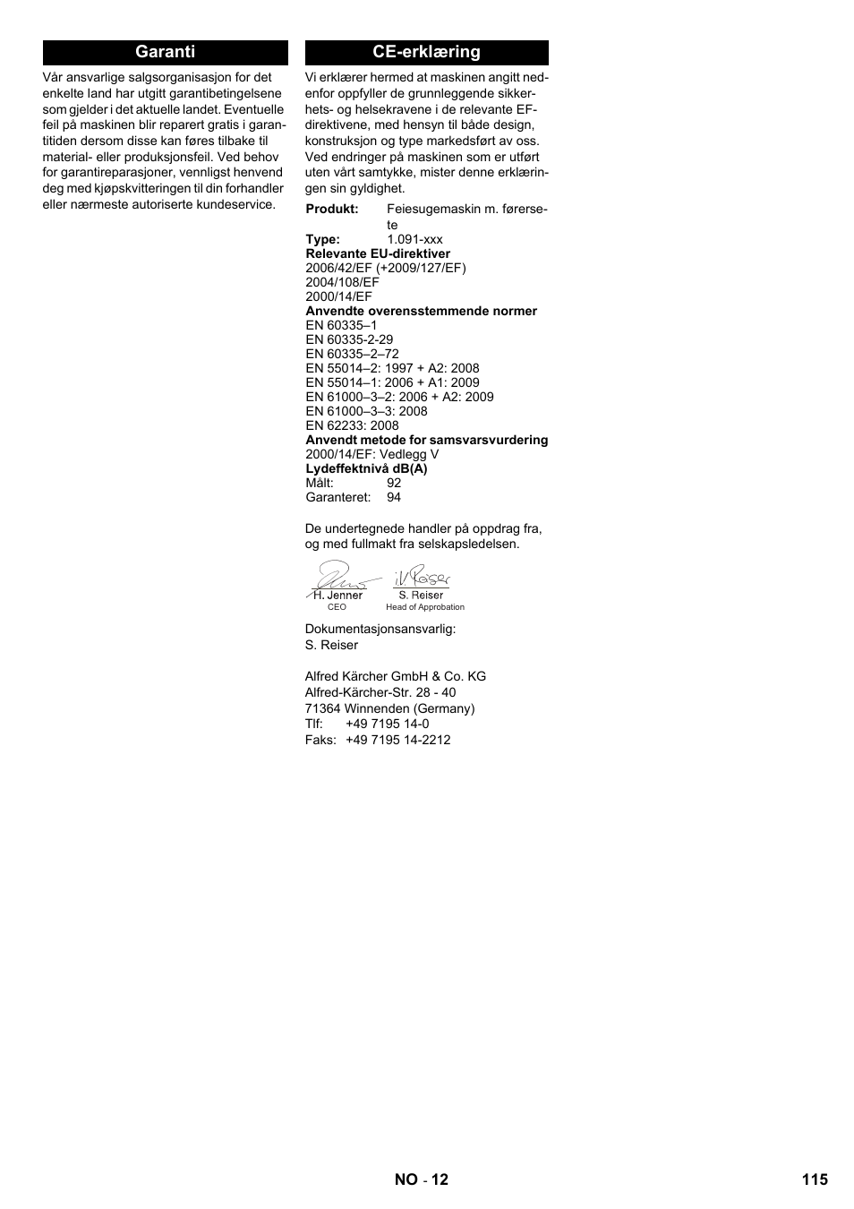 Garanti ce-erklæring | Karcher KMR 1250 BAT User Manual | Page 115 / 196