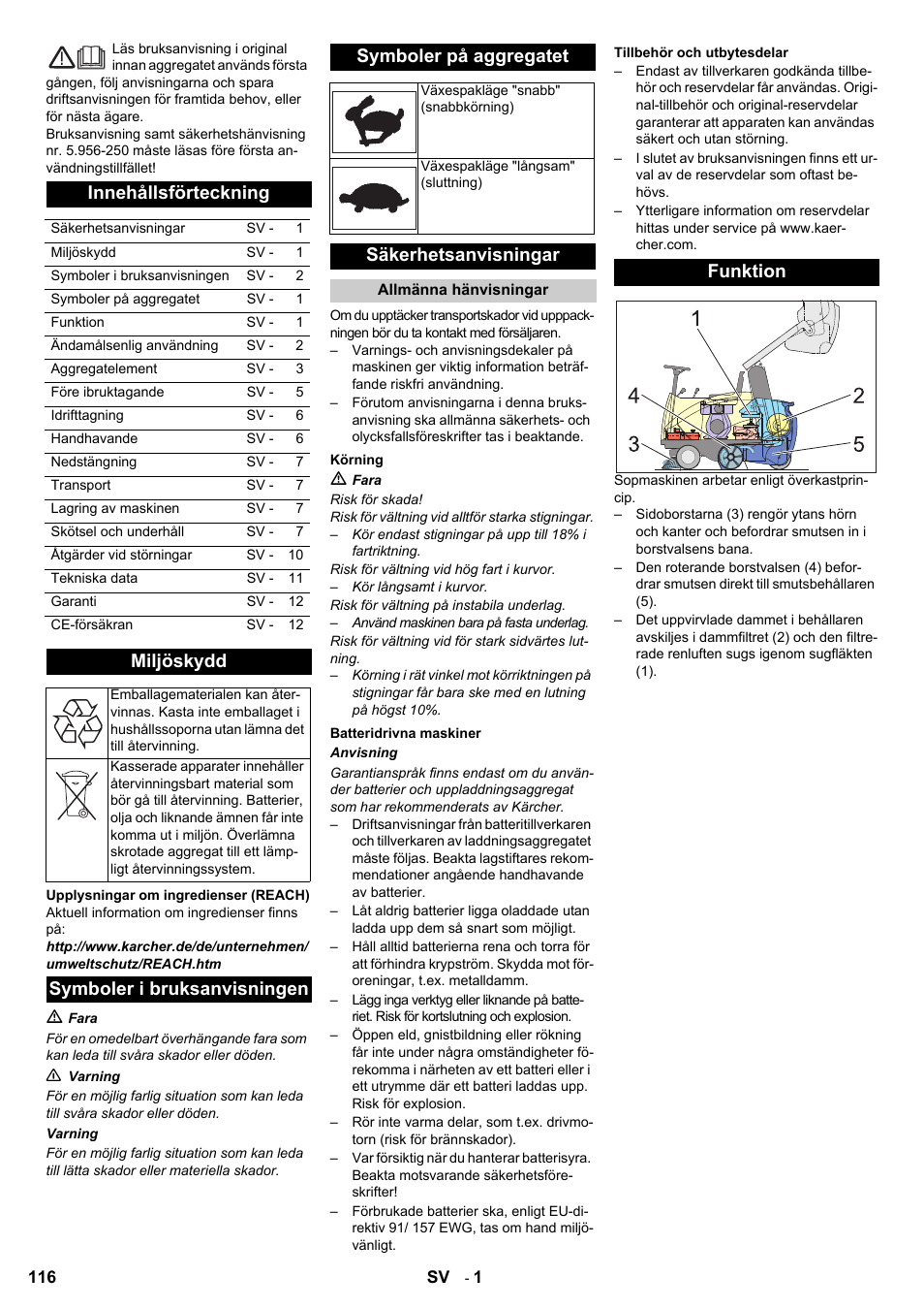 Innehållsförteckning, Miljöskydd, Symboler i bruksanvisningen symboler på aggregatet | Säkerhetsanvisningar, Funktion | Karcher KMR 1250 BAT User Manual | Page 116 / 196