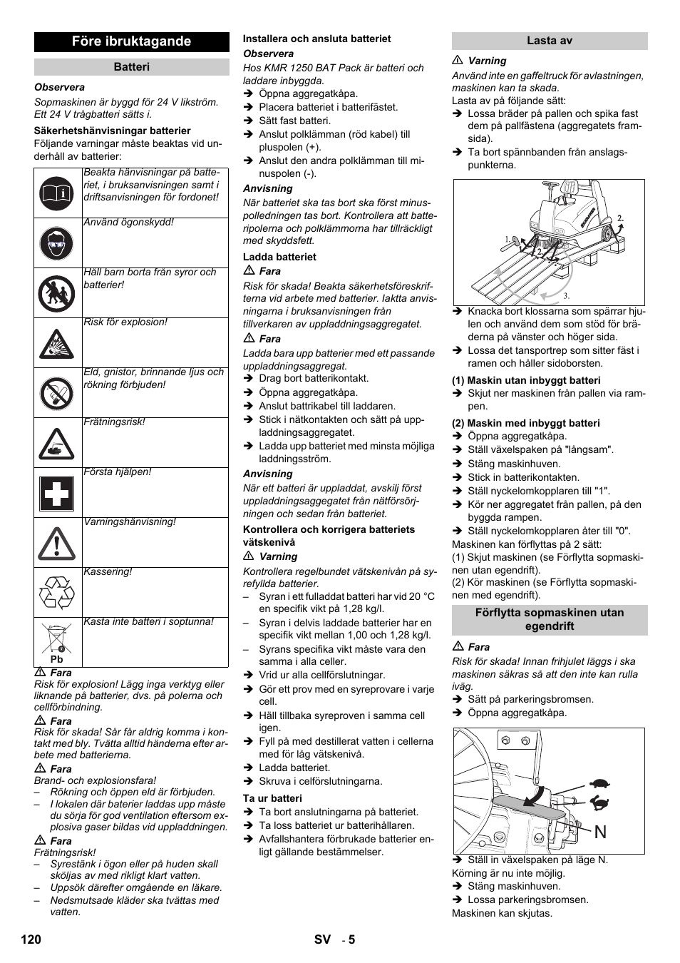 Före ibruktagande | Karcher KMR 1250 BAT User Manual | Page 120 / 196