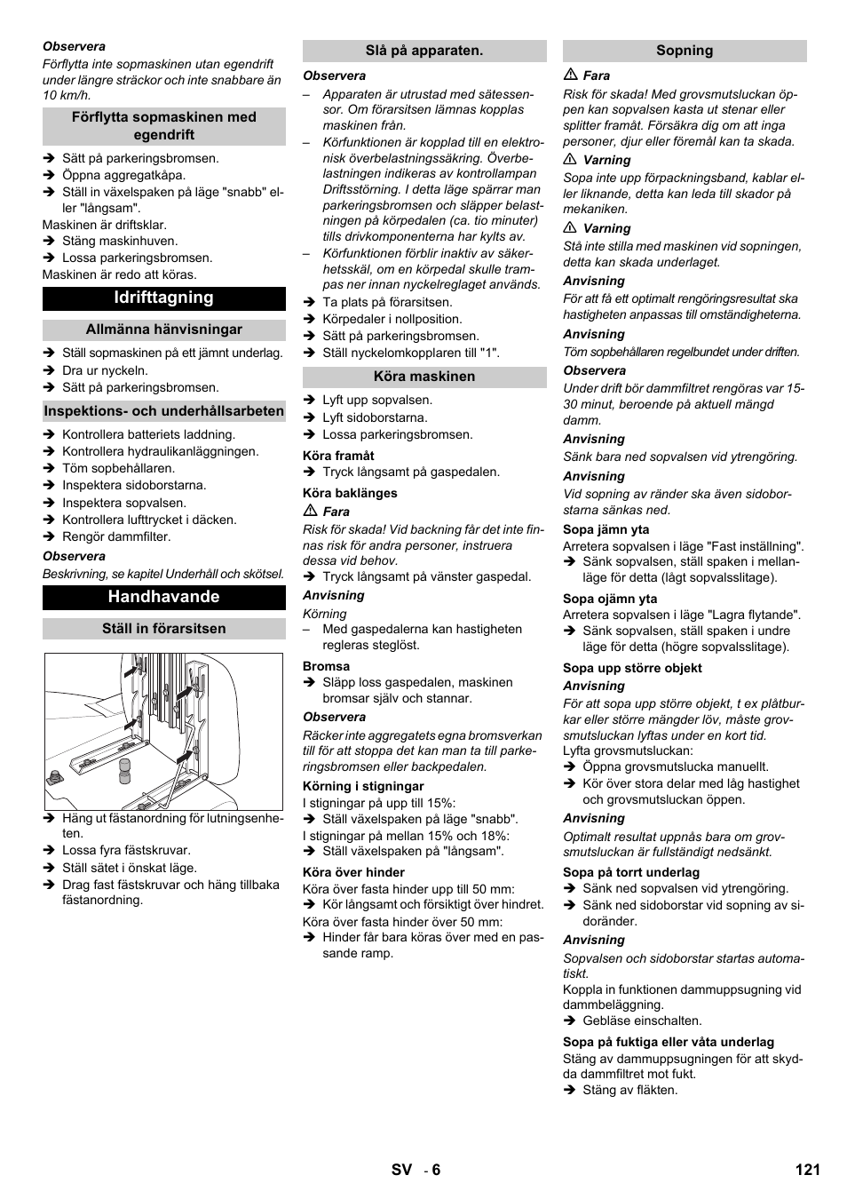 Idrifttagning, Handhavande | Karcher KMR 1250 BAT User Manual | Page 121 / 196