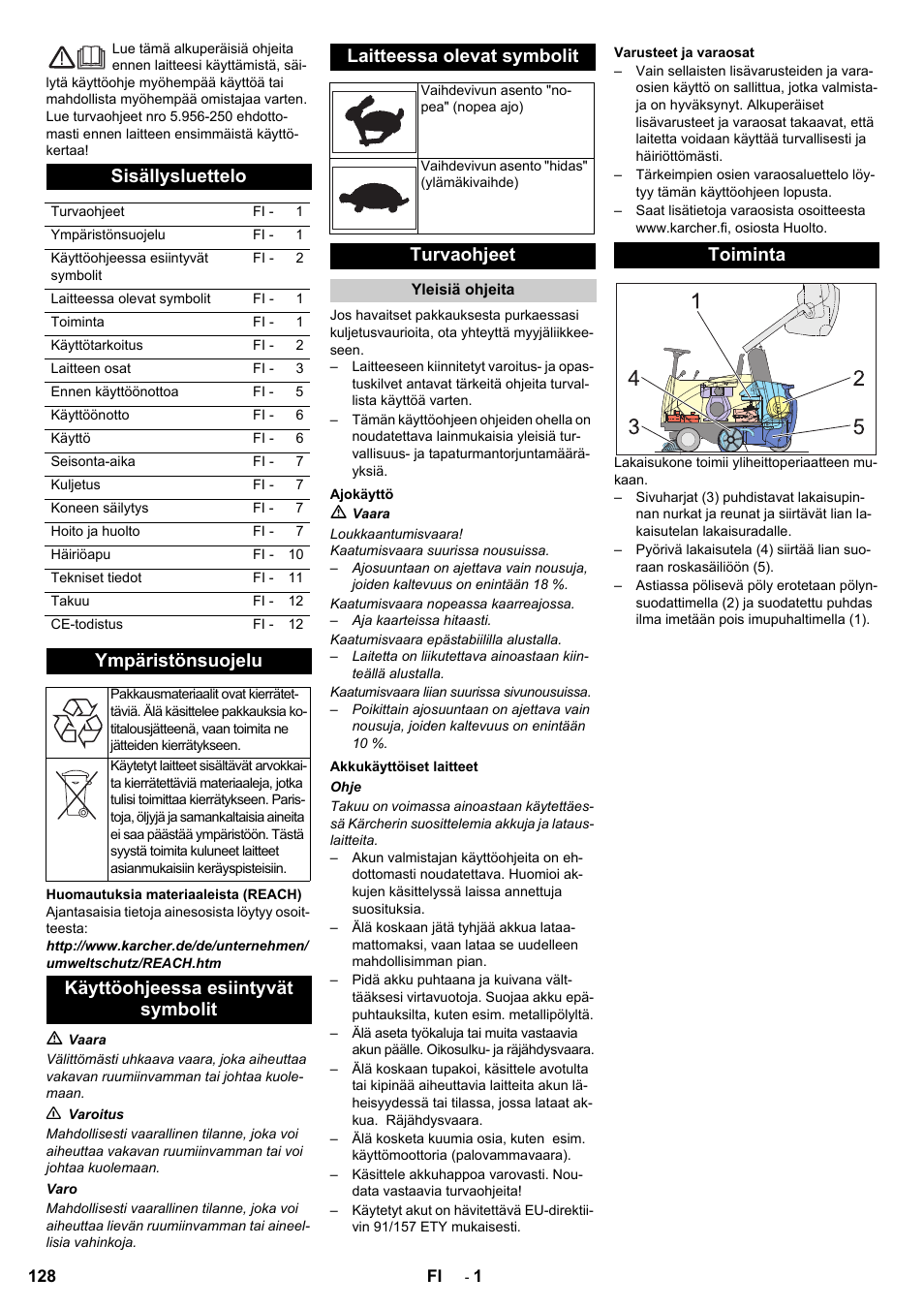 Sisällysluettelo, Ympäristönsuojelu, Turvaohjeet | Toiminta | Karcher KMR 1250 BAT User Manual | Page 128 / 196