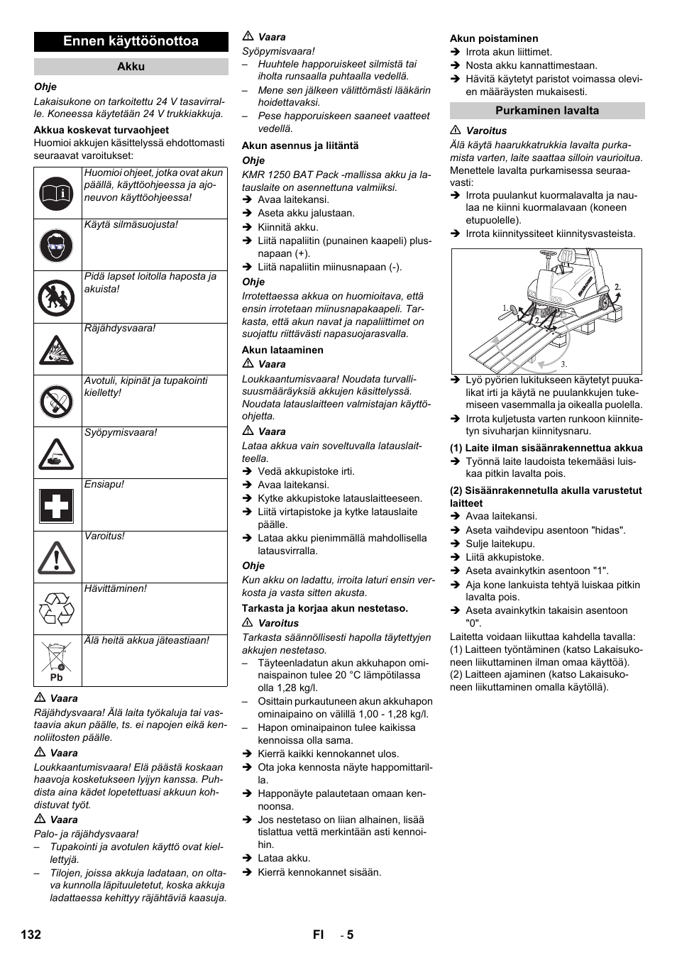 Ennen käyttöönottoa | Karcher KMR 1250 BAT User Manual | Page 132 / 196