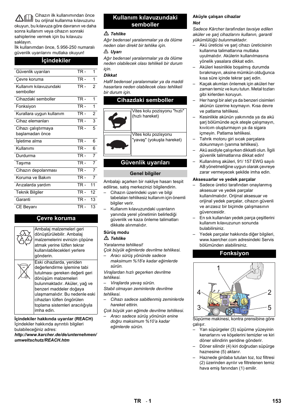 Içindekiler, Çevre koruma, Güvenlik uyarıları | Fonksiyon | Karcher KMR 1250 BAT User Manual | Page 153 / 196