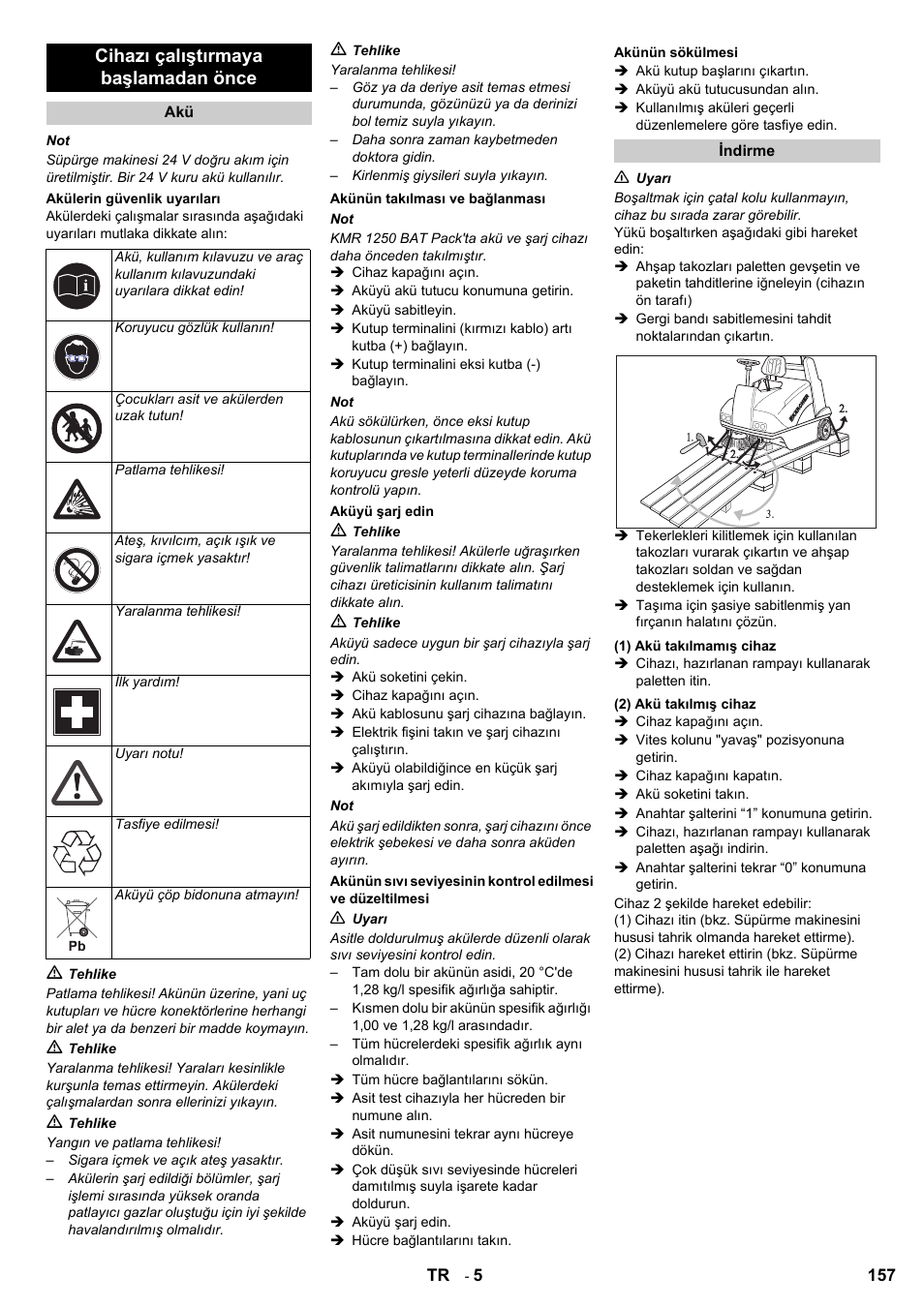 Cihazı çalıştırmaya başlamadan önce | Karcher KMR 1250 BAT User Manual | Page 157 / 196