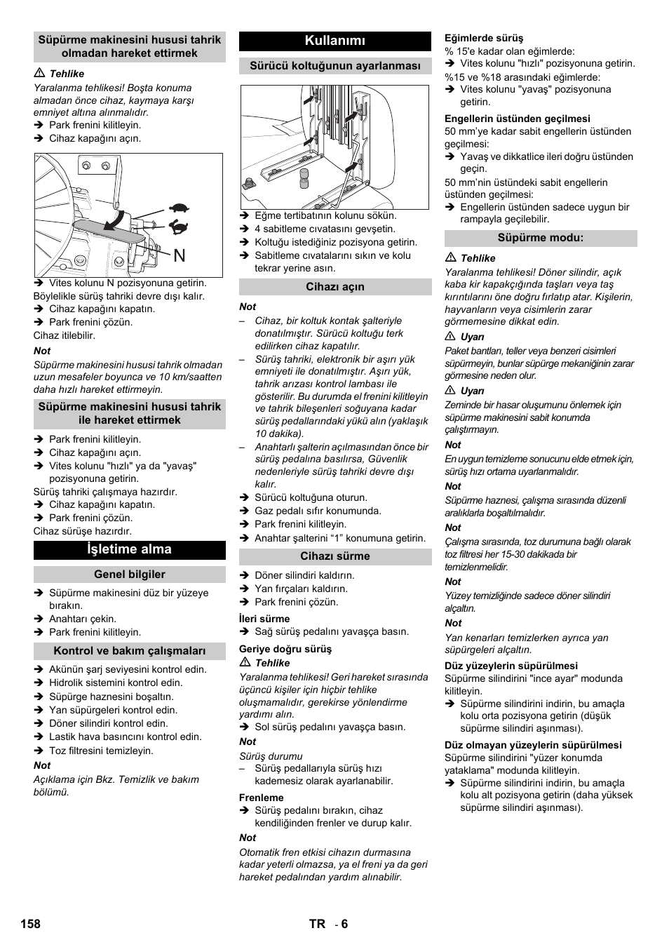 Işletime alma, Kullanımı | Karcher KMR 1250 BAT User Manual | Page 158 / 196