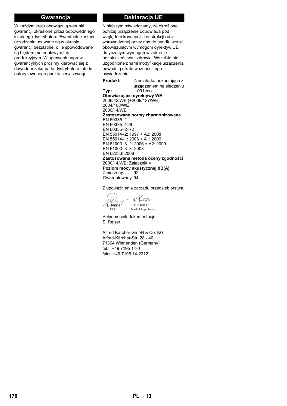 Gwarancja deklaracja ue | Karcher KMR 1250 BAT User Manual | Page 178 / 196